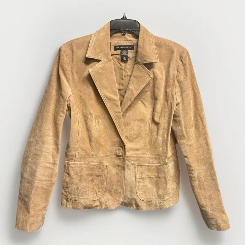 Vintage Y2K New York & Company Tan Suede Leather Blazer Jacket Size 10